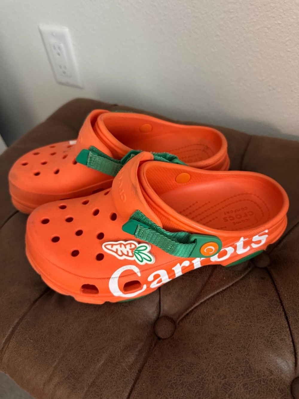 CROCS Orange Clog Sandals with Green Strap Accents